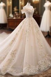 Champagne Off Shoulder Tulle Lace Long Wedding Dress, Wedding Gown Semi Formal Prom Dresses